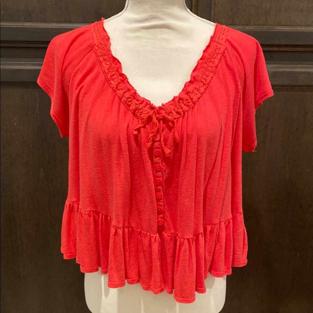 Free People Coral Ruffle Blouse